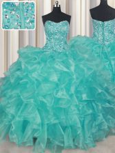 Deluxe Beading and Ruffles Sweet 16 Dresses Turquoise Lace Up Sleeveless Floor Length