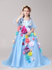  Baby Blue A-line Tulle V-neck Half Sleeves Hand Made Flower With Train Zipper Flower Girl Dresses for Less Brush Train
