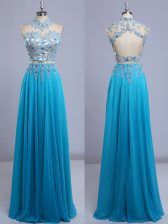 Wonderful Baby Blue Backless Prom Party Dress Beading and Lace Cap Sleeves Floor Length
