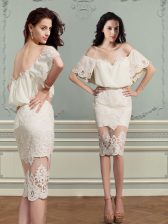 Admirable Off the Shoulder Short Sleeves Chiffon and Lace Knee Length Backless Prom Dresses in Champagne with Lace