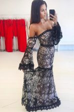Sumptuous Mermaid Black Homecoming Dress Prom with Lace Off The Shoulder Long Sleeves Sweep Train Zipper