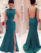 Dramatic Mermaid Scalloped Lace Homecoming Dress Teal Backless Sleeveless Floor Length