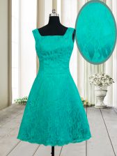  Lace Mini Length Turquoise Prom Dresses Square Sleeveless Zipper