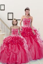 Simple Beading and Pick Ups Quince Ball Gowns Coral Red Lace Up Sleeveless Floor Length