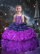  Eggplant Purple Organza Lace Up Spaghetti Straps Sleeveless Floor Length Little Girls Pageant Dress Wholesale Beading and Ruffles and Pick Ups