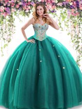 Pretty Dark Green Tulle Lace Up Sweetheart Sleeveless Floor Length Quinceanera Dress Beading