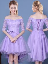 New Style Off The Shoulder Half Sleeves Dama Dress for Quinceanera High Low Lace and Bowknot and Belt Lavender Tulle