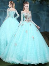 Attractive Scoop Tulle and Lace Long Sleeves Floor Length Quinceanera Dress and Appliques