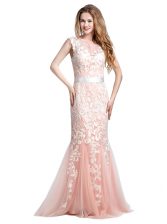  Scoop Cap Sleeves Tulle With Brush Train Zipper Prom Evening Gown in Pink with Lace and Appliques
