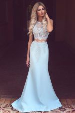 Unique Mermaid Scoop Sleeveless Satin Sweep Train Zipper Dress for Prom in Light Blue with Lace