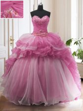  Rose Pink Ball Gowns Organza Sweetheart Sleeveless Beading and Ruffled Layers With Train Lace Up Quinceanera Dresses Sweep Train