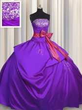 Admirable Purple Lace Up Strapless Beading and Bowknot Sweet 16 Quinceanera Dress Taffeta Sleeveless