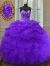 High Quality Purple Organza Lace Up Sweetheart Sleeveless Floor Length 15 Quinceanera Dress Beading and Ruffles and Pick Ups