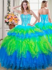 Modern Multi-color Lace Up Sweet 16 Quinceanera Dress Beading and Ruffled Layers Sleeveless Floor Length