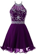 Glamorous Halter Top Sleeveless Organza Mini Length Zipper Prom Evening Gown in Purple with Beading