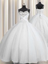 Shining White Lace Up Spaghetti Straps Beading and Ruching Vestidos de Quinceanera Organza Sleeveless