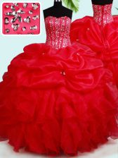  Red Sleeveless Beading and Ruffles and Pick Ups Floor Length 15 Quinceanera Dress