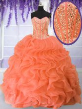  Orange Red Sleeveless Floor Length Beading and Ruffles Lace Up Quinceanera Dresses