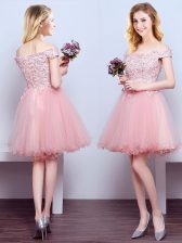 Fine Off The Shoulder Sleeveless Lace Up Dama Dress for Quinceanera Pink Tulle