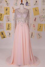  Scoop Pink Long Sleeves Chiffon Brush Train Zipper Prom Dresses for Prom and Party