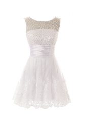  White Scoop Neckline Beading and Lace Prom Party Dress Sleeveless Zipper
