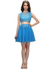 Trendy Baby Blue Tulle Zipper Prom Dresses Sleeveless Mini Length Beading and Appliques