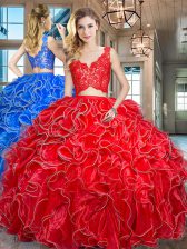  Organza V-neck Sleeveless Zipper Lace and Ruffles 15 Quinceanera Dress in Red