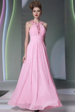 Stylish Halter Top Rose Pink Empire Beading Prom Party Dress Side Zipper Chiffon Sleeveless Floor Length