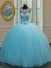  Scoop Sleeveless Tulle Floor Length Lace Up 15th Birthday Dress in Baby Blue with Beading