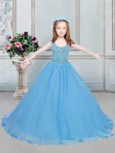 Excellent Scoop Sleeveless Lace Up Little Girl Pageant Gowns Baby Blue Organza