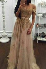Artistic Champagne Tulle Zipper Off The Shoulder Short Sleeves With Train Prom Party Dress Sweep Train Beading and Appliques