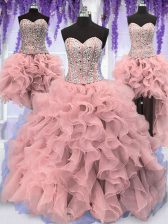  Four Piece Sequins Ball Gowns Ball Gown Prom Dress Pink Sweetheart Organza Sleeveless Floor Length Lace Up