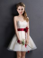  Champagne Organza Lace Up Sweetheart Sleeveless Mini Length Vestidos de Damas Lace and Hand Made Flower