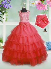  Coral Red Sleeveless Organza Zipper Little Girls Pageant Dress Wholesale for Party and Wedding Party