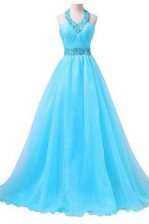  Halter Top Sleeveless Chiffon Floor Length Lace Up in Aqua Blue with Beading and Belt