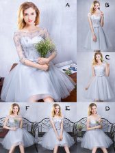 Elegant Scoop Grey A-line Lace and Appliques and Belt Dama Dress for Quinceanera Lace Up Tulle Sleeveless Knee Length