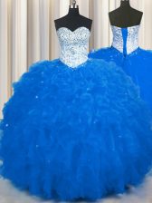 Cute Royal Blue Sleeveless Tulle Lace Up Sweet 16 Dress for Military Ball and Sweet 16 and Quinceanera