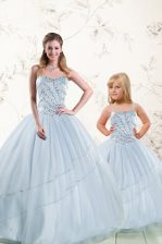 Clearance Baby Blue Tulle Lace Up Sweetheart Sleeveless Floor Length Quinceanera Gown Beading