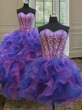  Three Piece Organza Sweetheart Sleeveless Lace Up Beading and Ruffles 15 Quinceanera Dress in Blue and Purple