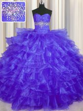 Enchanting Purple Ball Gowns Beading and Ruffled Layers Quinceanera Gowns Lace Up Organza Sleeveless Floor Length