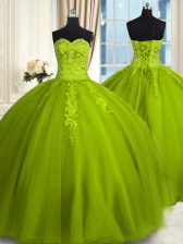  Olive Green Sleeveless Floor Length Embroidery Lace Up Quinceanera Gowns