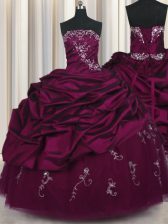  Burgundy Sweet 16 Dress Military Ball and Sweet 16 and Quinceanera with Beading and Appliques and Pick Ups Strapless Sleeveless Lace Up
