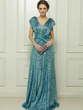  Sequins V-neck Sleeveless Zipper Prom Evening Gown Teal Sequined