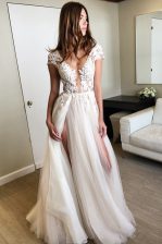  Tulle Cap Sleeves Floor Length Prom Gown and Lace