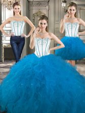 Modern Three Piece Sleeveless Tulle Floor Length Lace Up 15th Birthday Dress in Baby Blue with Embroidery and Ruffles