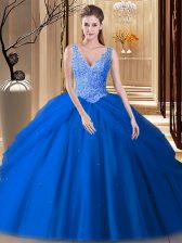  Sleeveless Floor Length Lace and Pick Ups Backless Sweet 16 Dress with Blue