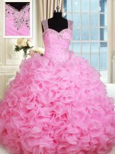 Traditional Straps Floor Length Zipper 15 Quinceanera Dress Rose Pink for Military Ball and Sweet 16 and Quinceanera with Beading and Ruffles