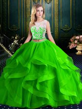 Affordable Two Pieces Tulle Scoop Sleeveless Lace and Ruffles With Train Zipper Quinceanera Gowns Brush Train