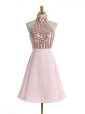 Discount Backless Halter Top Sleeveless Prom Gown Knee Length Sequins Baby Pink Chiffon