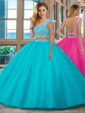 Attractive Aqua Blue Backless Scoop Beading and Ruffles Ball Gown Prom Dress Tulle Cap Sleeves